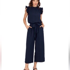 NWT Mud Pie Navy Arlette Wide-Leg Tie-Waist Jumpsuit Women Size Large